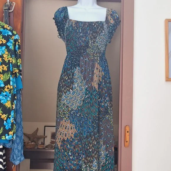 Hypnotic Dresses | Hypnotic Boob Tube Dress Elasticated Maxi Dress Peacock Pattern | Color: Blue/Brown | Size: XL | Figaroscloset's Closet